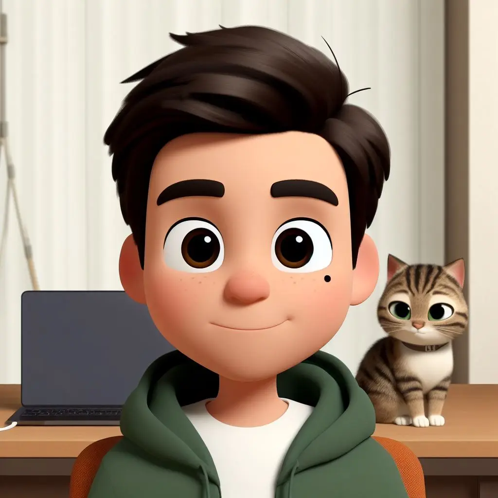 imagen de Arón en forma de caricatura sonriente y con un gato de colores al costado