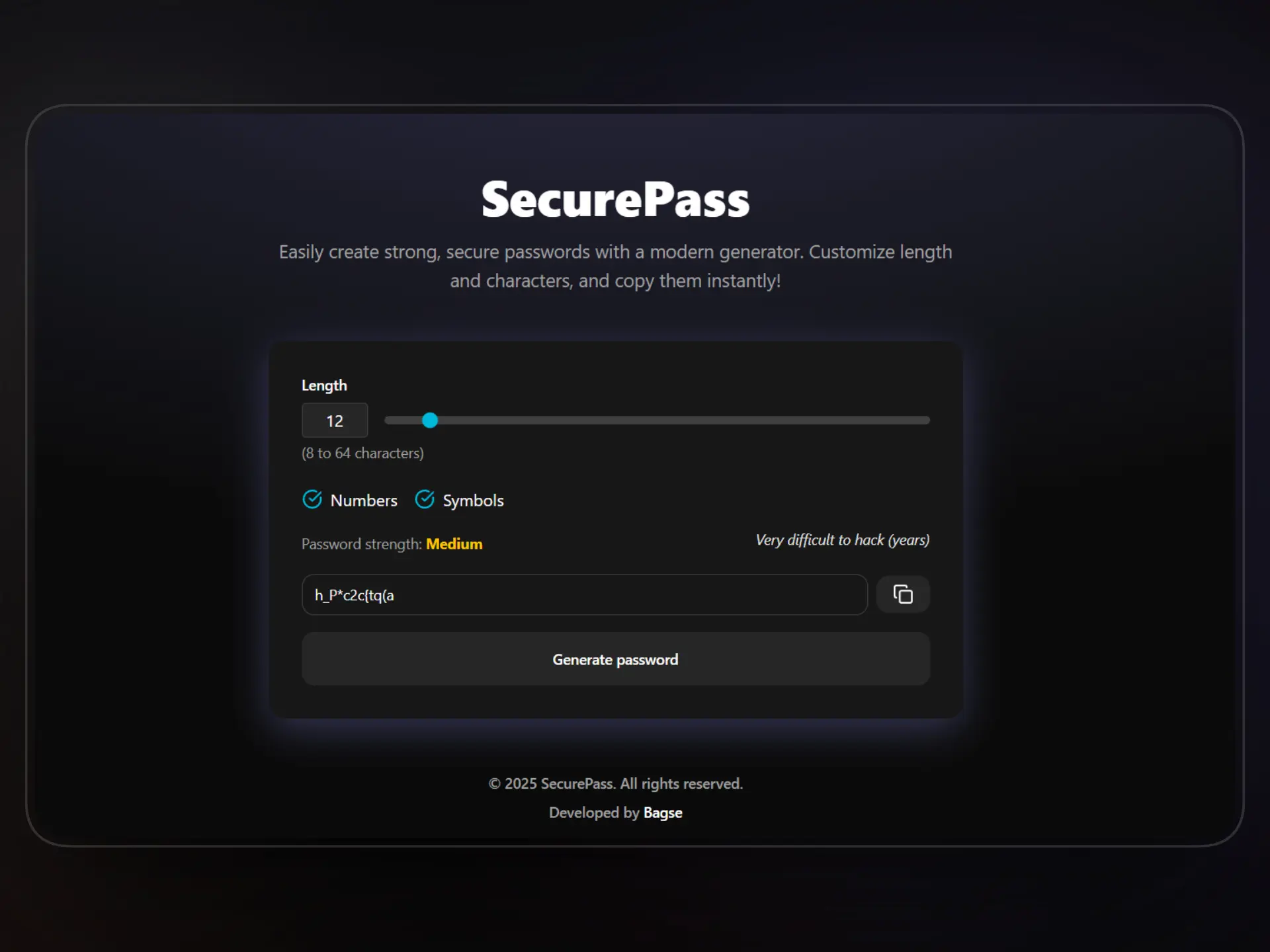 Captura de pantalla del proyecto Secure Password Generator
